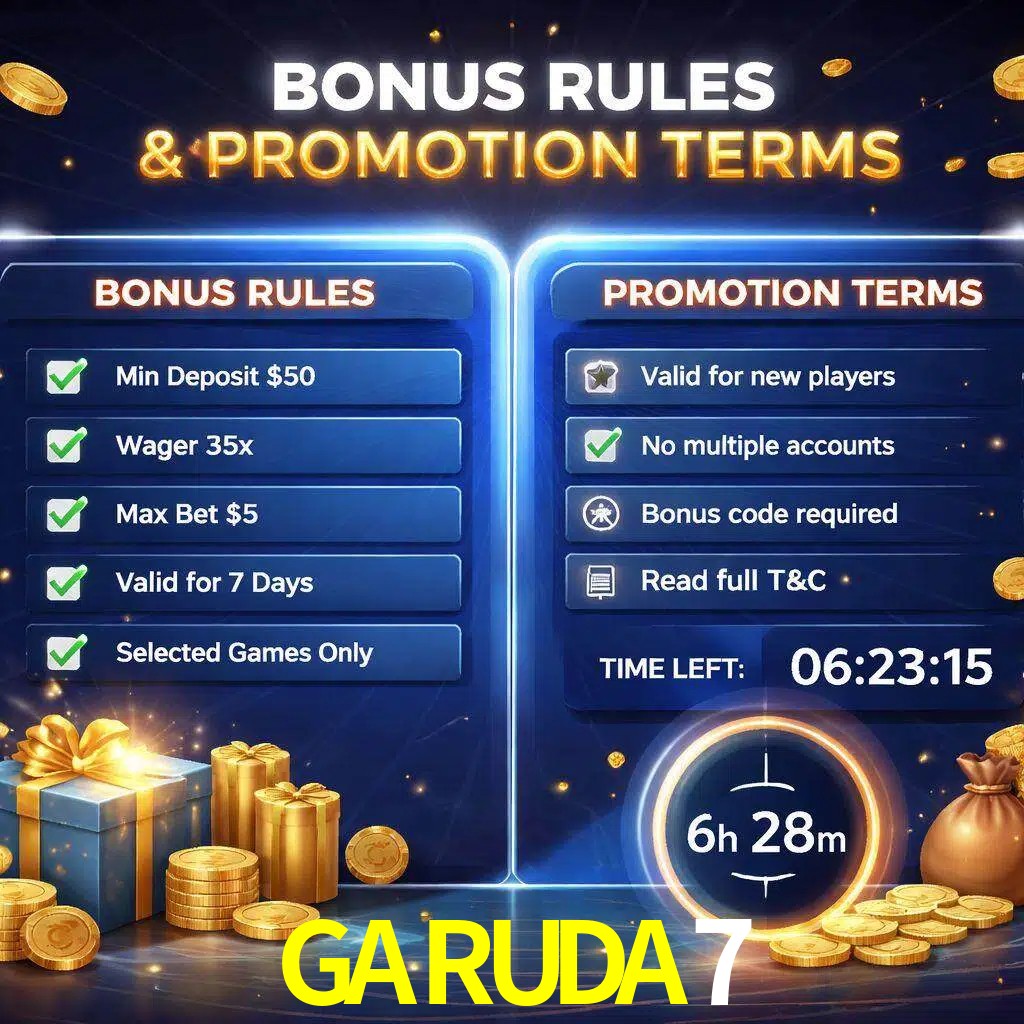 Reglas de promoción GARUDA7 y condiciones de bonos explicadas visualmente