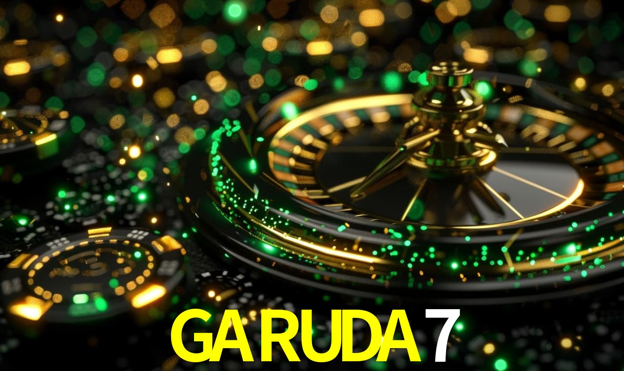 Escena dinámica inspirada en casino con iluminación GARUDA7, cartas, fichas e íconos de juegos digitales en un espacio moderno de juegos.