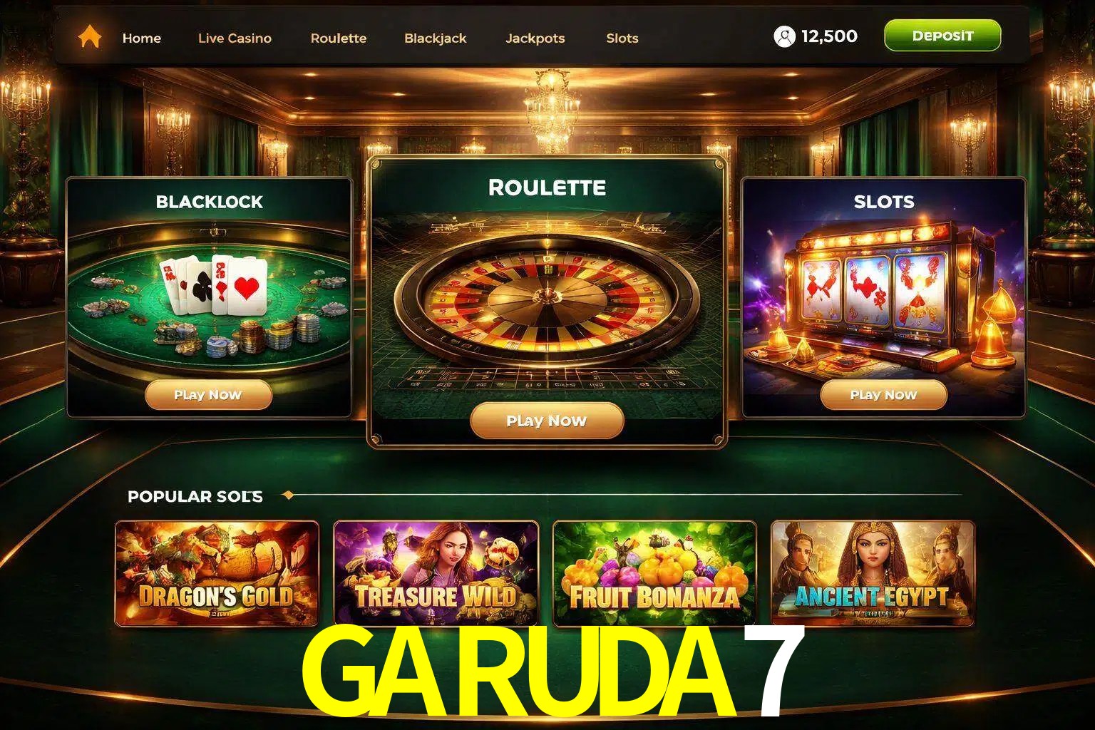 Vista de la plataforma GARUDA7 Casino mostrando categorías organizadas de juegos en línea