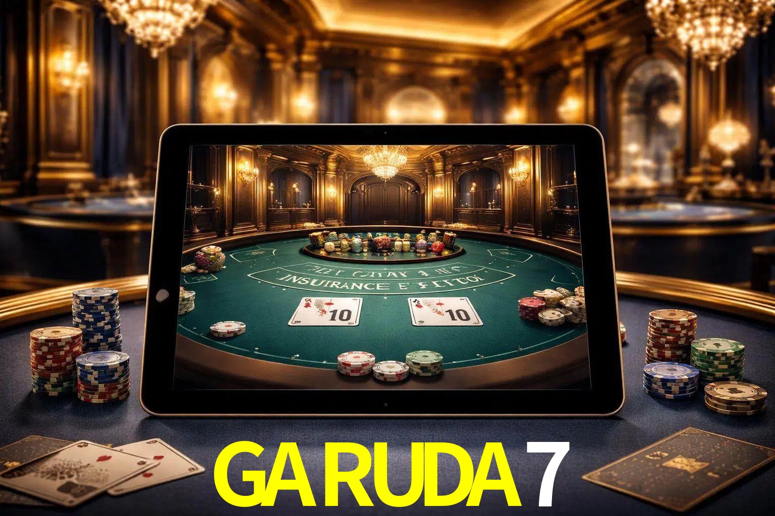 Configuración moderna de casino en vivo con una tableta mostrando una mesa de blackjack, luces cálidas de estudio y una atmósfera elegante de juegos digitales.